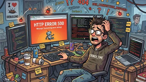 A cartoon illustration of a visibly frazzled developer debugging a website issue