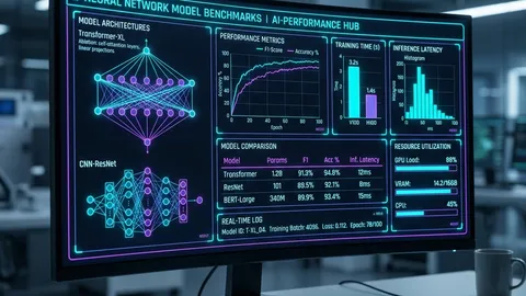 Technical dashboard UI displaying model benchmarks and neural network graphs in neon cyan and purple